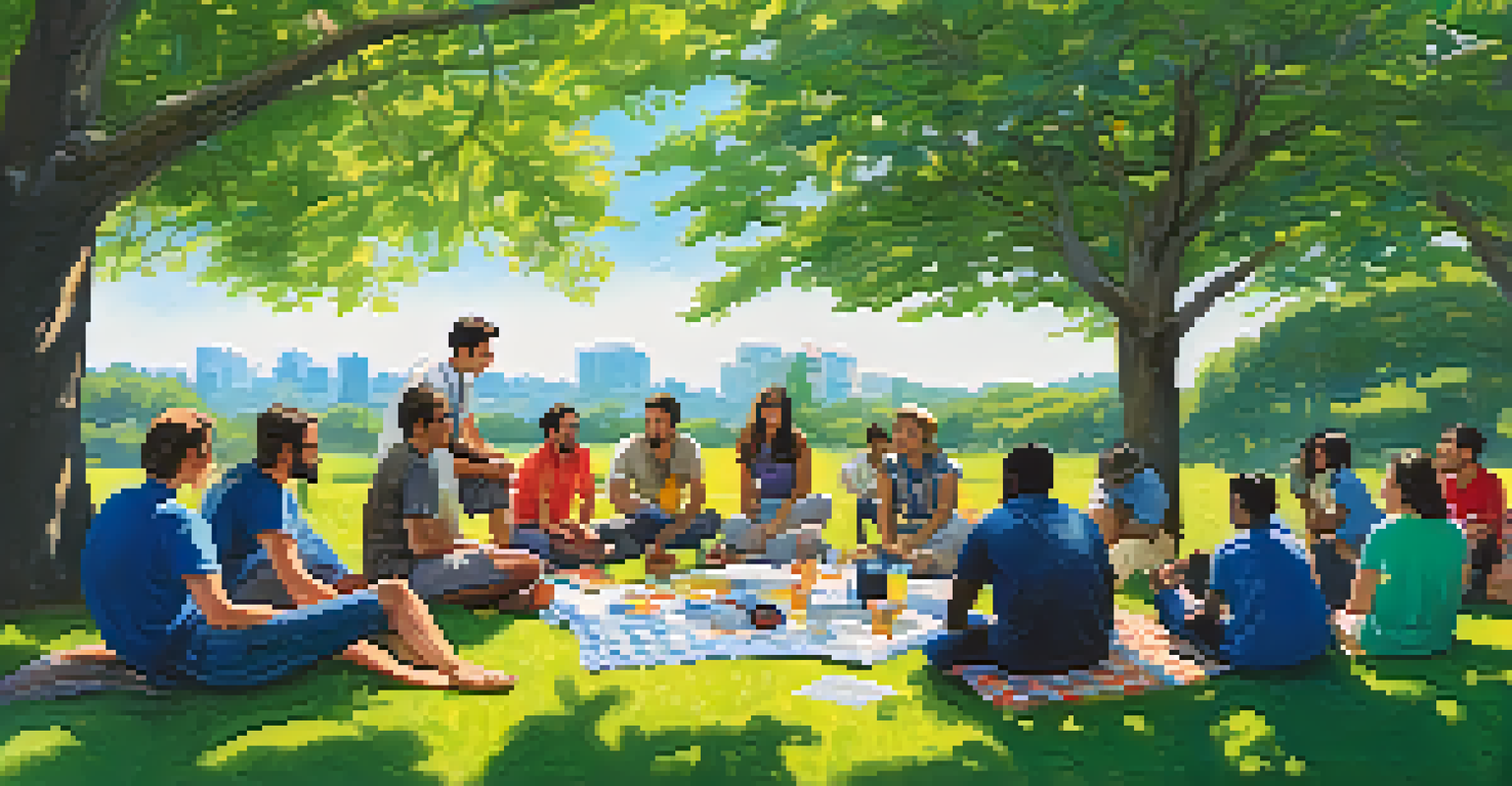 A diverse team brainstorming outdoors under a tree, engaged in discussion with colorful sketches around them.