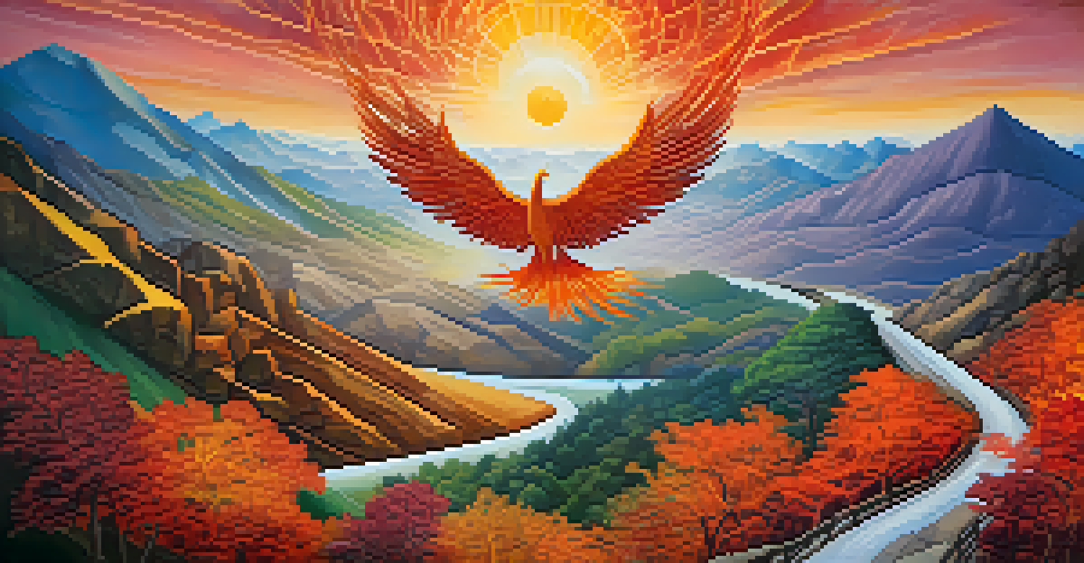 An abstract image of the Hero's Journey, showing a winding path through various landscapes with symbols of transformation.