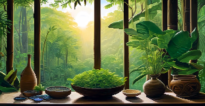 A peaceful Amazon rainforest at dawn with lush green plants and a clay bowl containing Ayahuasca brew, illuminated by soft morning light.