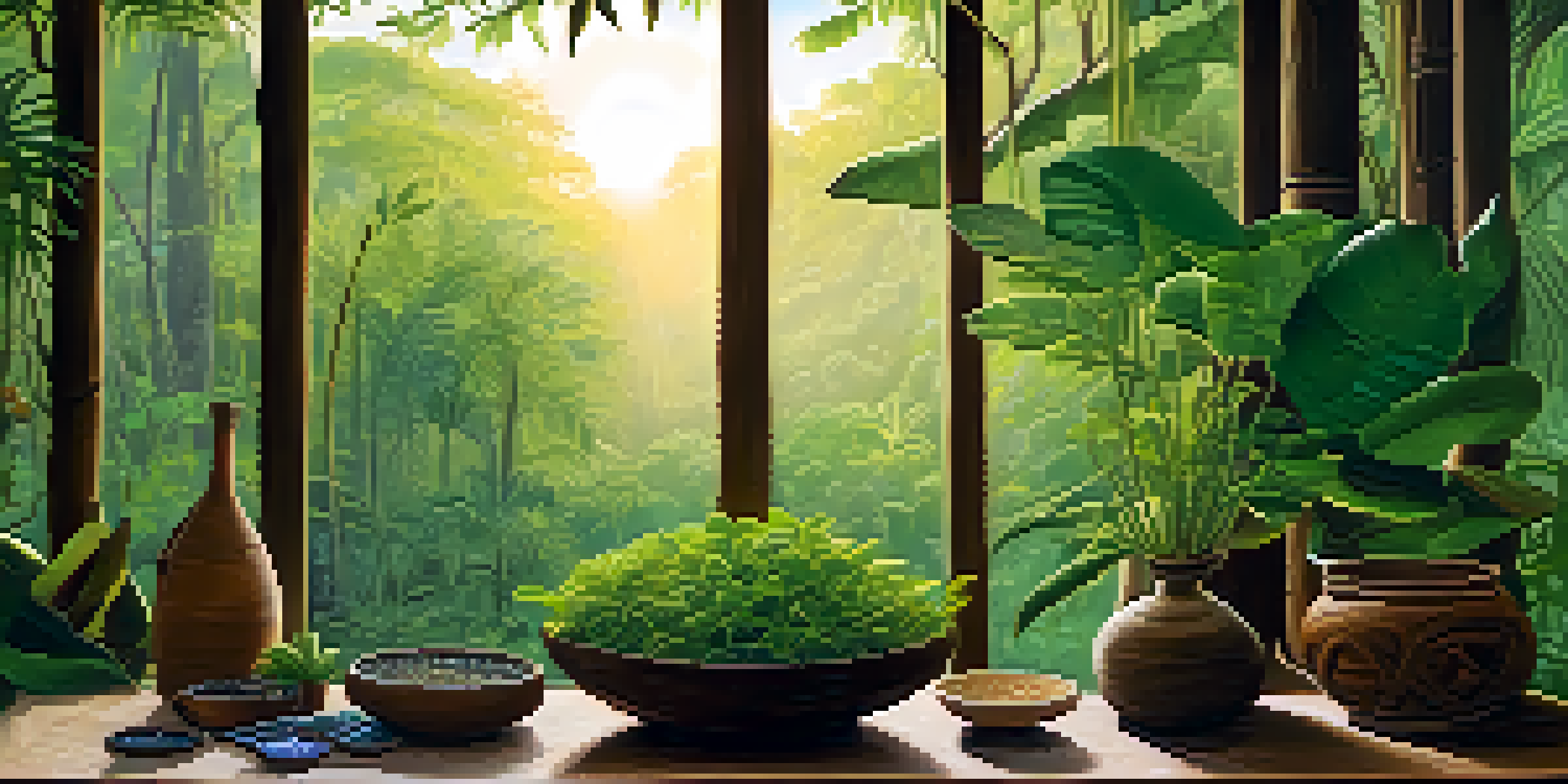 A peaceful Amazon rainforest at dawn with lush green plants and a clay bowl containing Ayahuasca brew, illuminated by soft morning light.