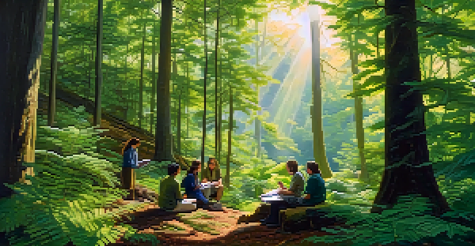 A peaceful forest scene with sunlight shining through trees, showing researchers observing indigenous plants.