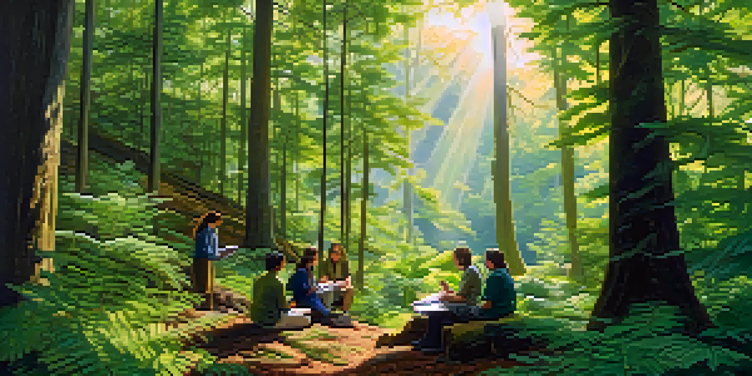 A peaceful forest scene with sunlight shining through trees, showing researchers observing indigenous plants.