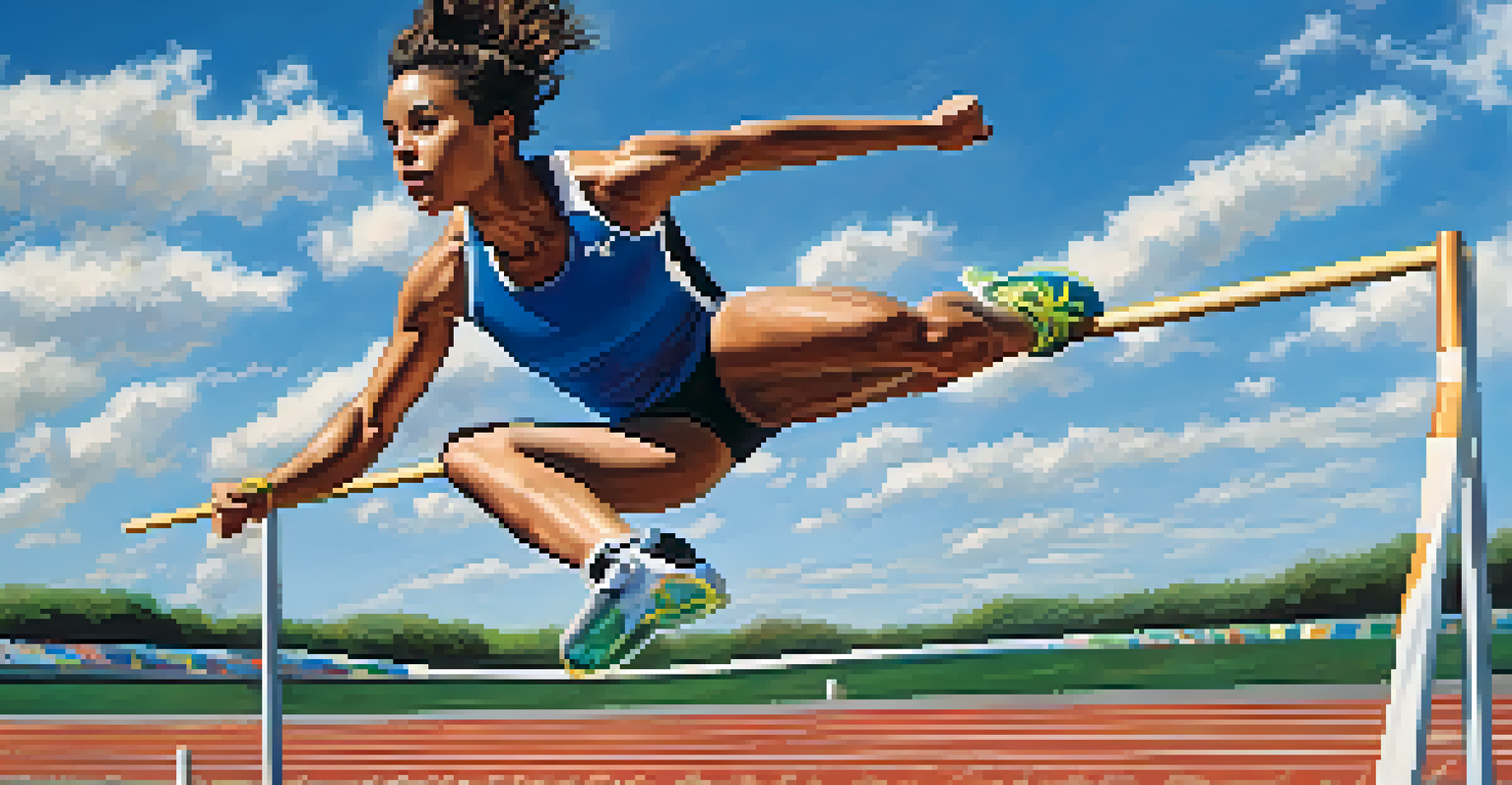 An athlete jumping over a hurdle on a track, showcasing determination and focus under a clear blue sky.