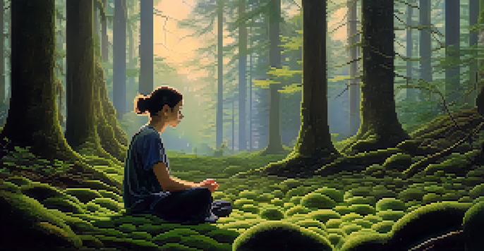 A person meditating in a tranquil forest, surrounded by tall trees and soft twilight light.