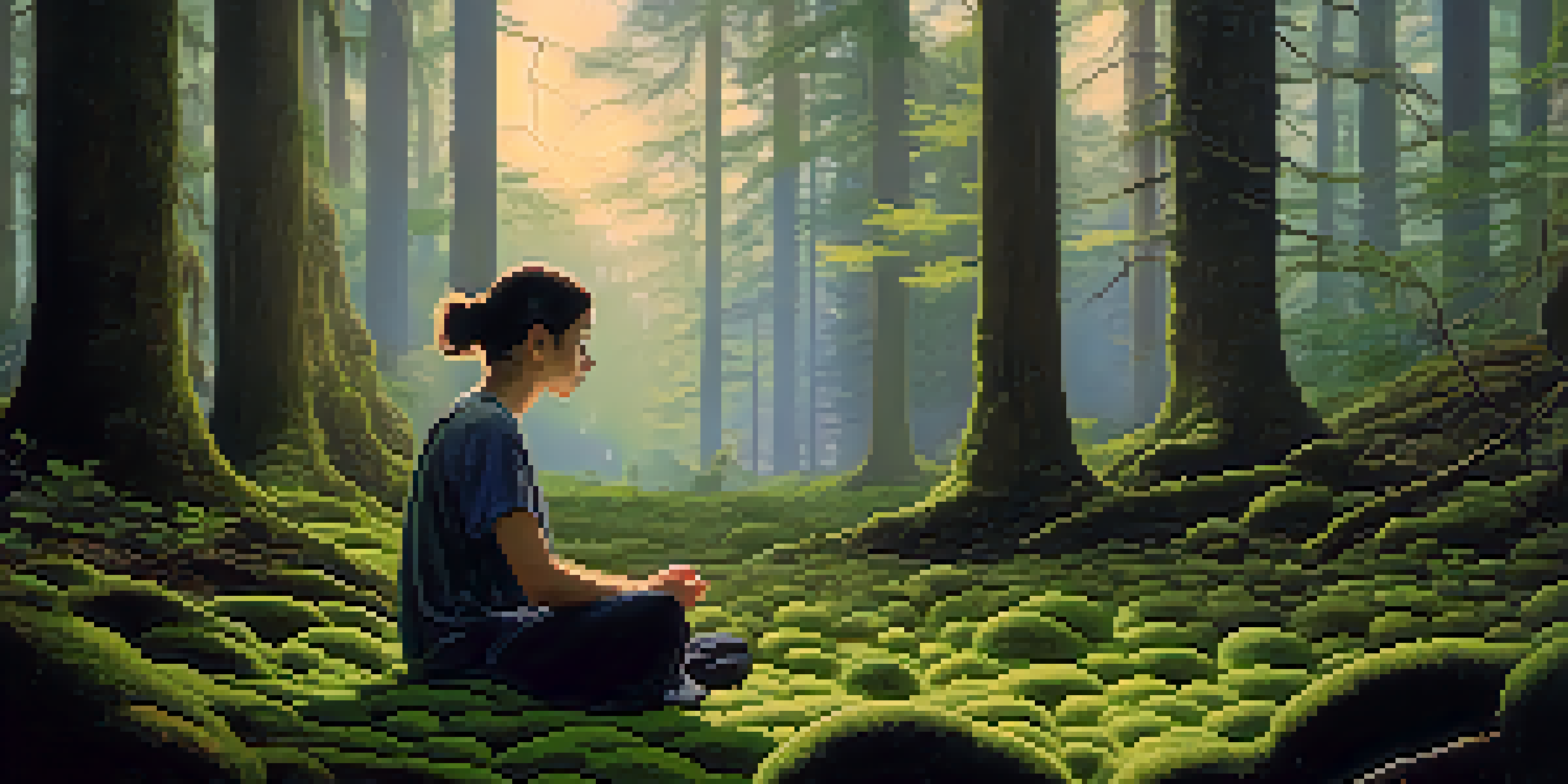 A person meditating in a tranquil forest, surrounded by tall trees and soft twilight light.