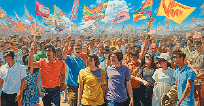 A lively protest scene from the 1960s with diverse young activists holding colorful signs against a backdrop of psychedelic art and a bright blue sky.