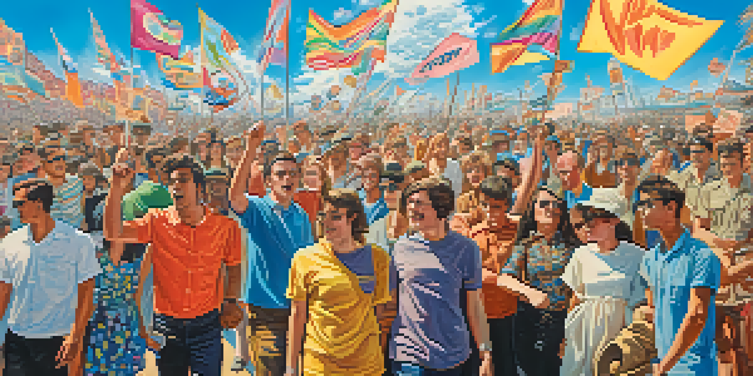 A lively protest scene from the 1960s with diverse young activists holding colorful signs against a backdrop of psychedelic art and a bright blue sky.