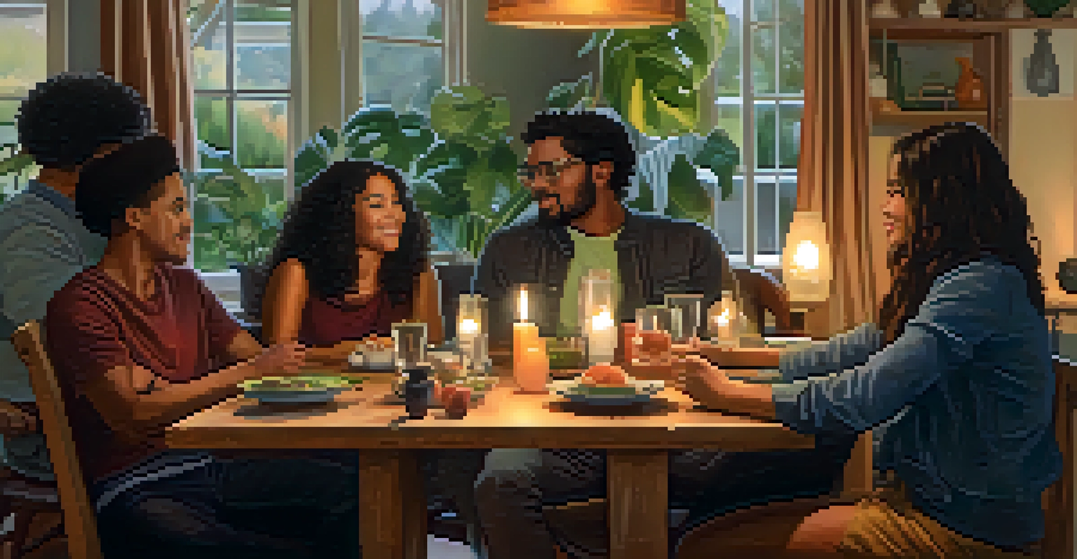 A cozy room filled with people sharing stories, surrounded by plants and warm lighting, fostering a sense of community.