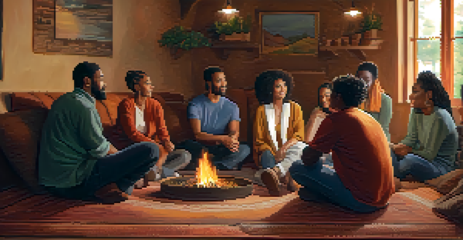 A diverse group of people sitting in a circle, sharing stories in a warm, cozy environment that fosters community support.