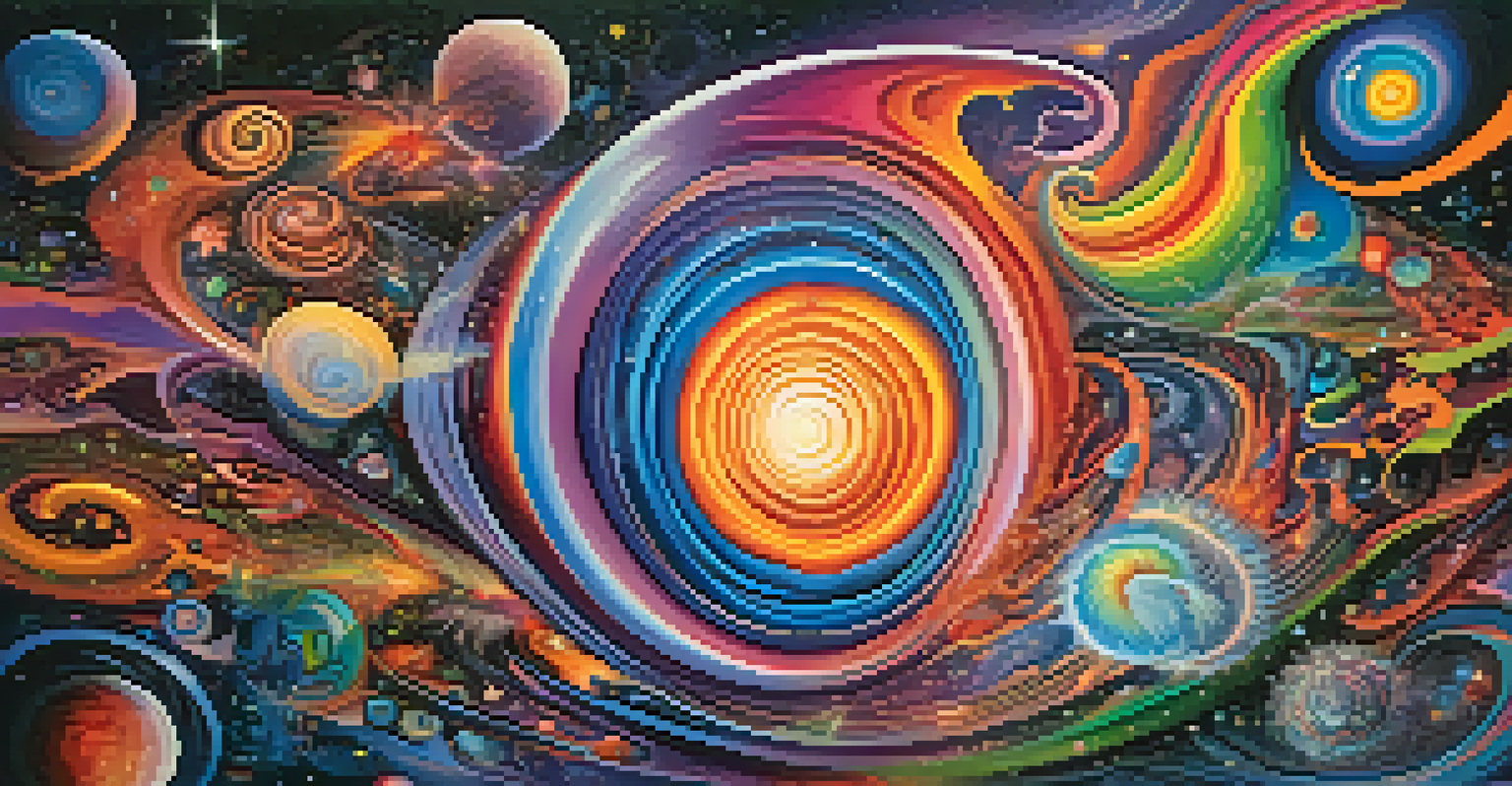An abstract depiction of altered states of consciousness with swirling colors, cosmic elements, and shapes representing creativity and inspiration.