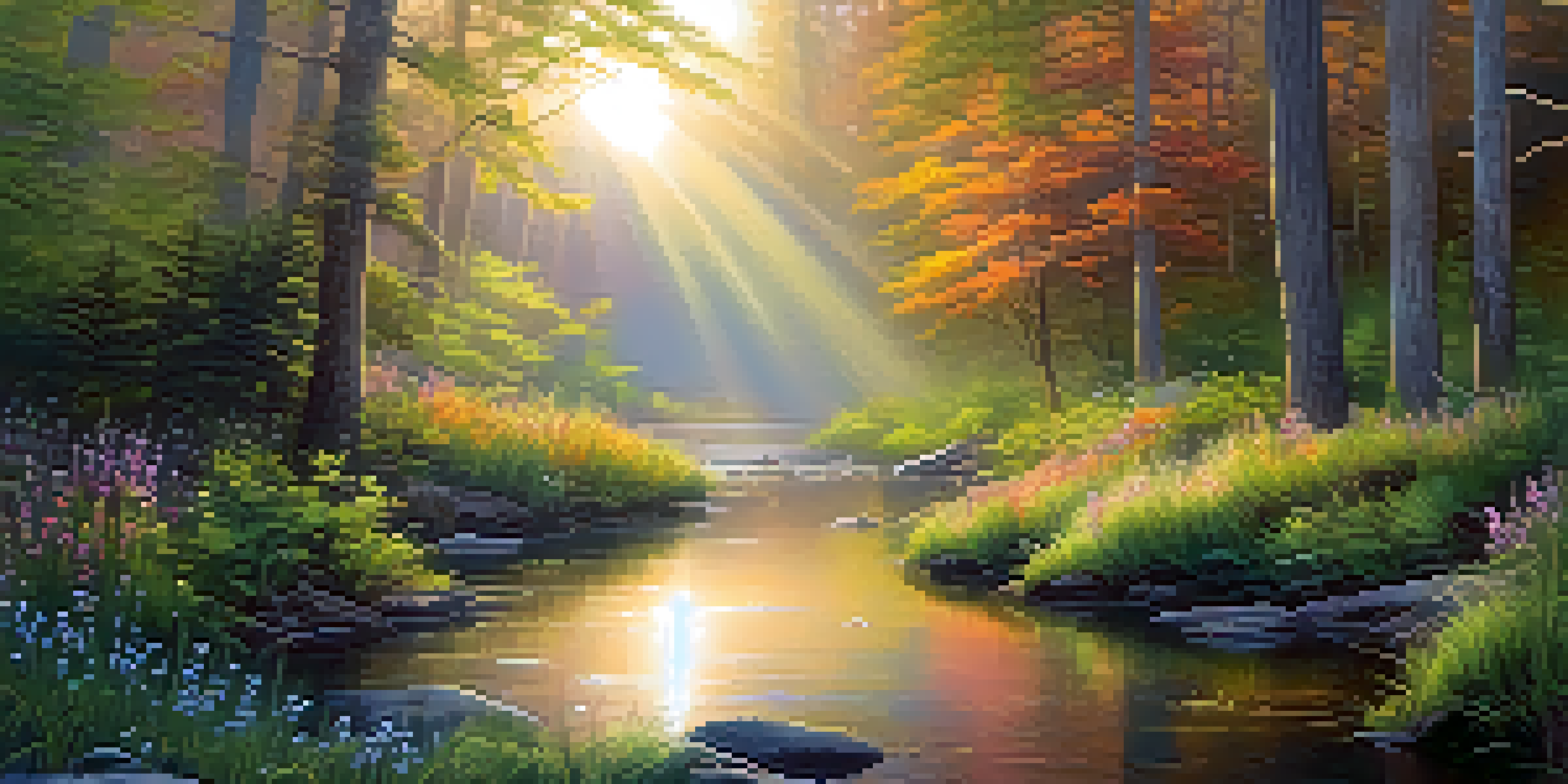 A peaceful forest at sunrise with sunlight shining through trees, mist in the air, blooming wildflowers, and a stream reflecting the colors of the dawn.
