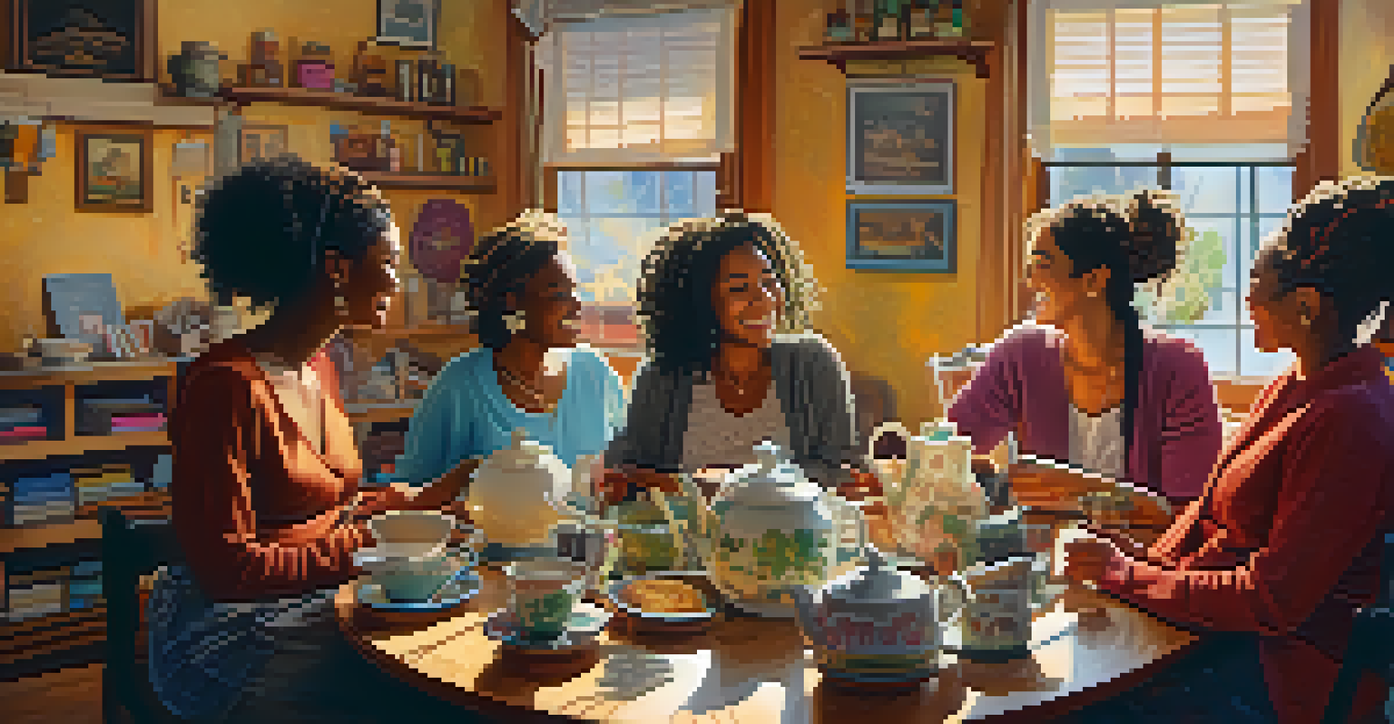 A group of women in a cozy room sharing stories and laughter, surrounded by herbal teas and art supplies.