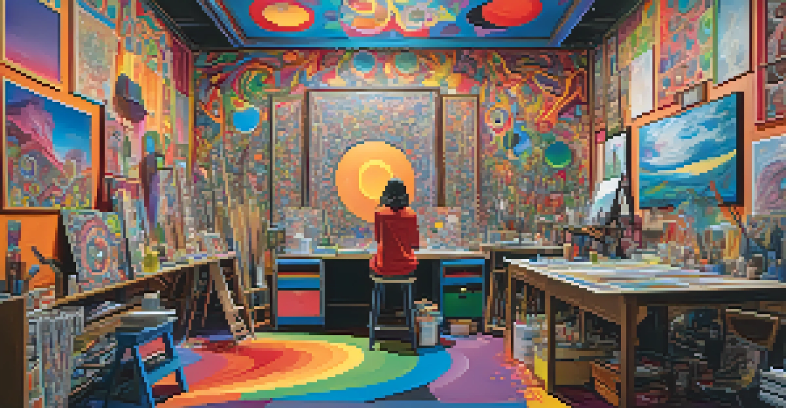 An artist painting in a colorful studio filled with psychedelic patterns and bright paint splatters.