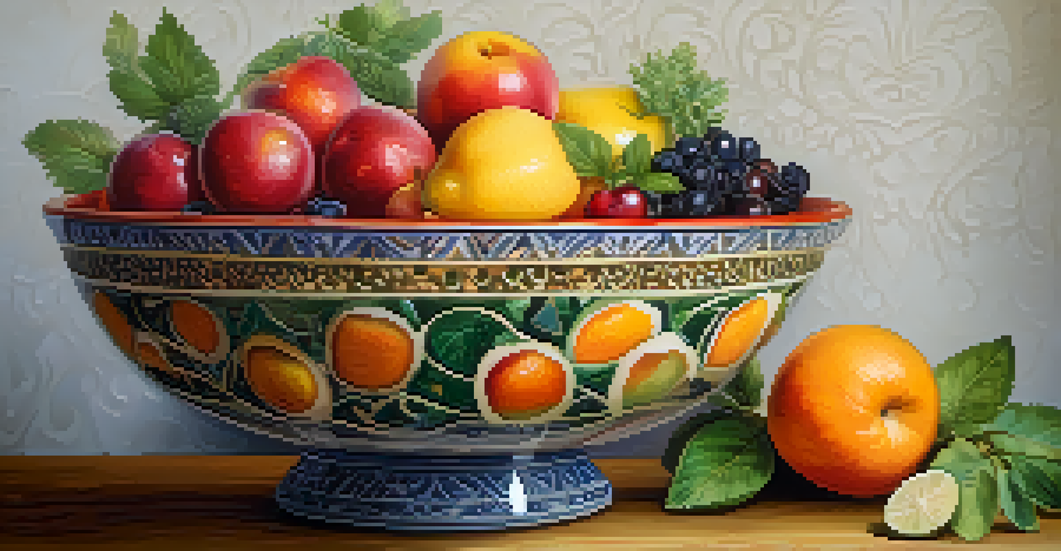 A close-up of a hand-painted ceramic bowl filled with fresh fruits and herbs on a wooden table.
