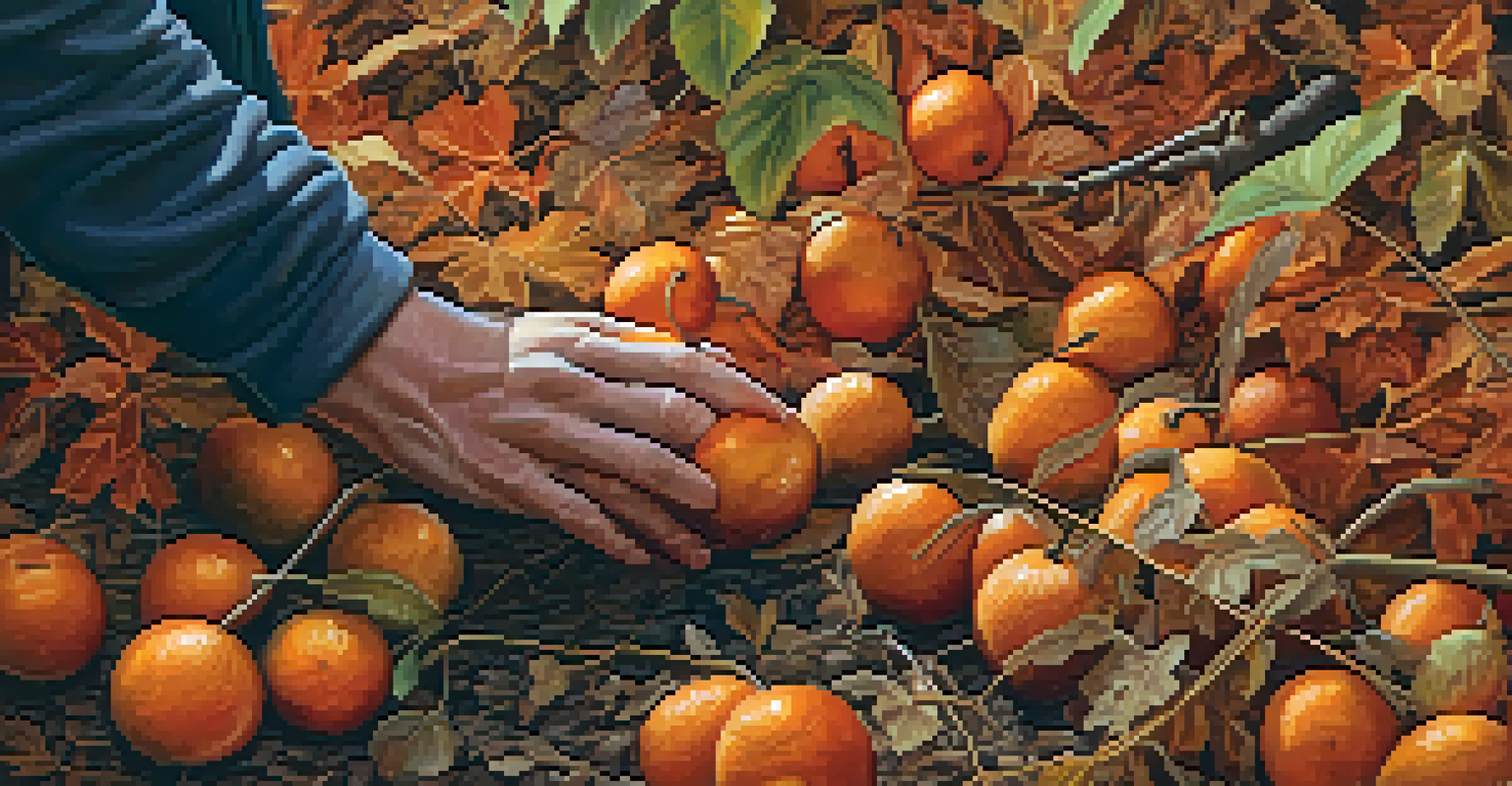 A close-up of hands harvesting mature entheogenic plants amidst autumn foliage, showcasing the colors of fall.