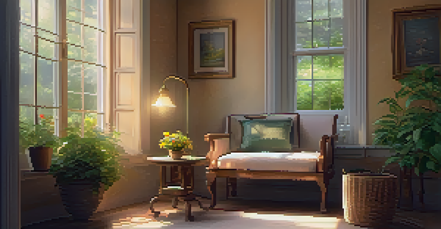 A cozy room with an armchair, tea, and a book, illuminated by warm light.