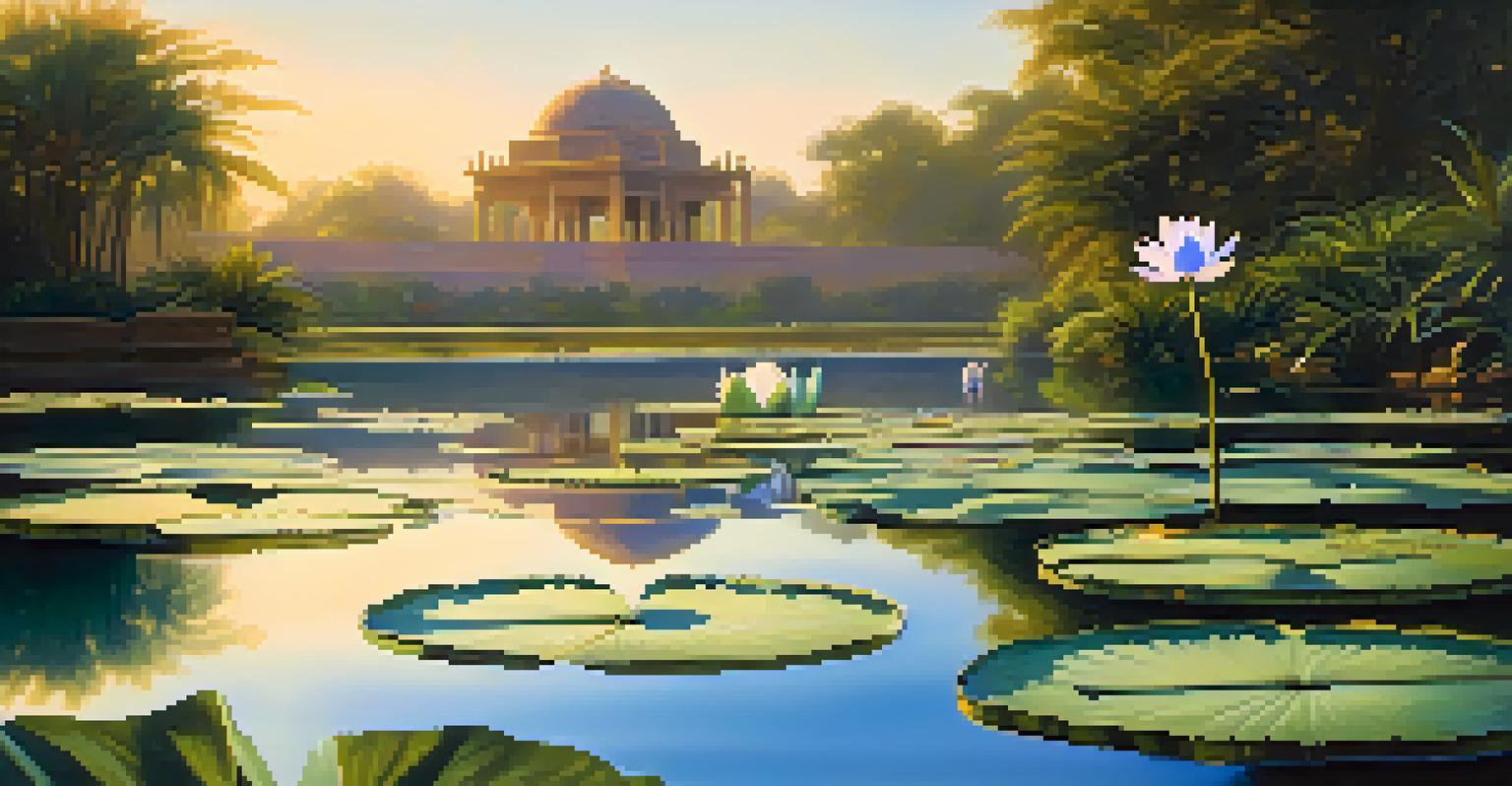 A vibrant blue lotus flower blooming on a tranquil pond with ancient Egyptian structures in the background under golden sunlight.