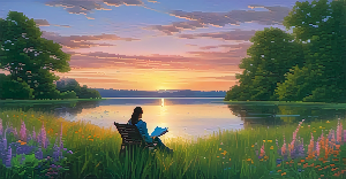 A peaceful sunset landscape with a figure reading by a lake, surrounded by nature.