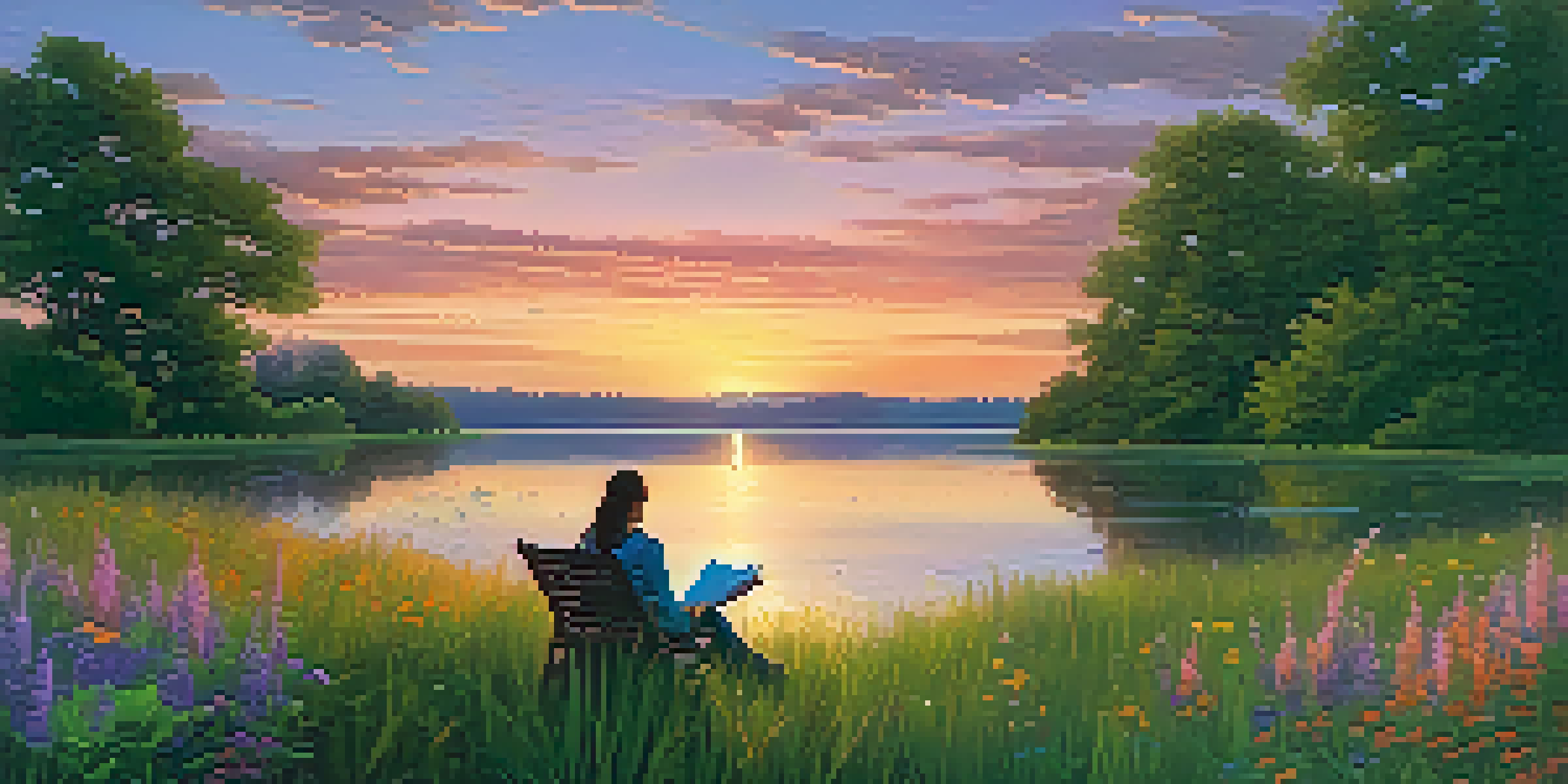 A peaceful sunset landscape with a figure reading by a lake, surrounded by nature.