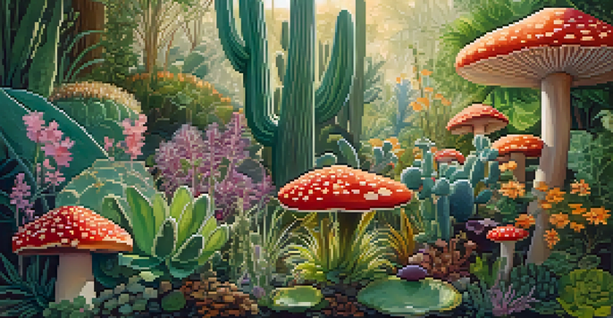 A colorful garden with diverse entheogenic plants under warm sunlight.