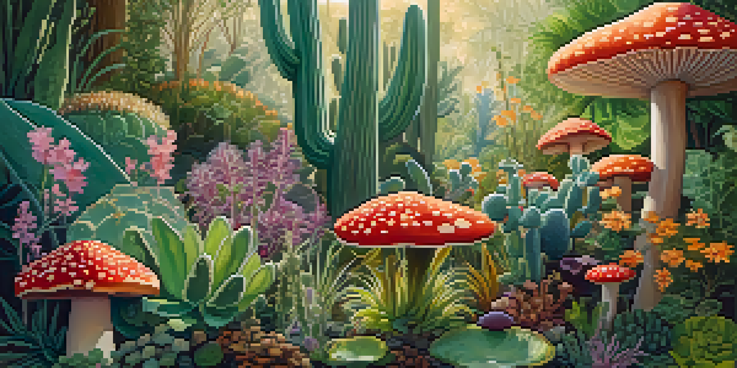 A colorful garden with diverse entheogenic plants under warm sunlight.