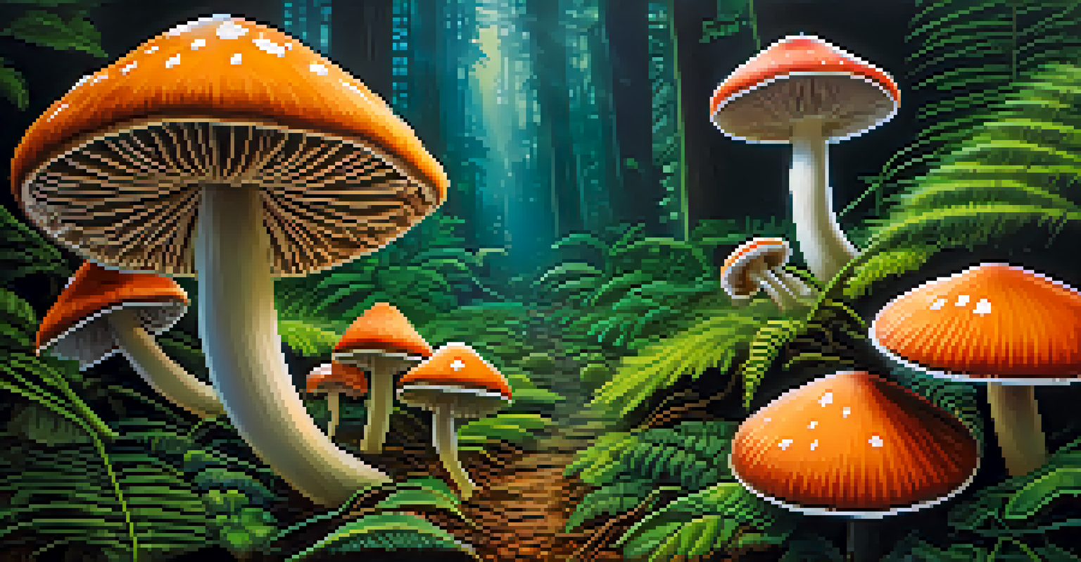 A close-up of colorful psilocybin mushrooms in a green forest, highlighting their textures against a backdrop of moist earth and foliage.