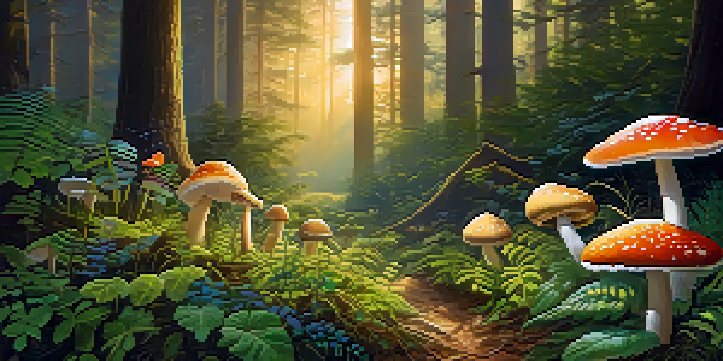 A peaceful forest at sunrise with light shining through the trees and colorful mushrooms on the ground.