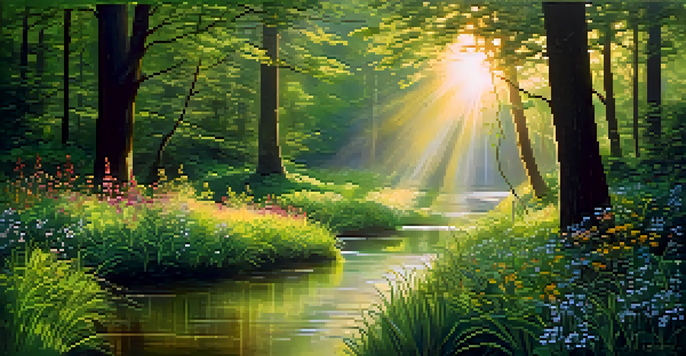 A peaceful forest with morning sunlight shining through green leaves, a small stream, and blooming wildflowers.