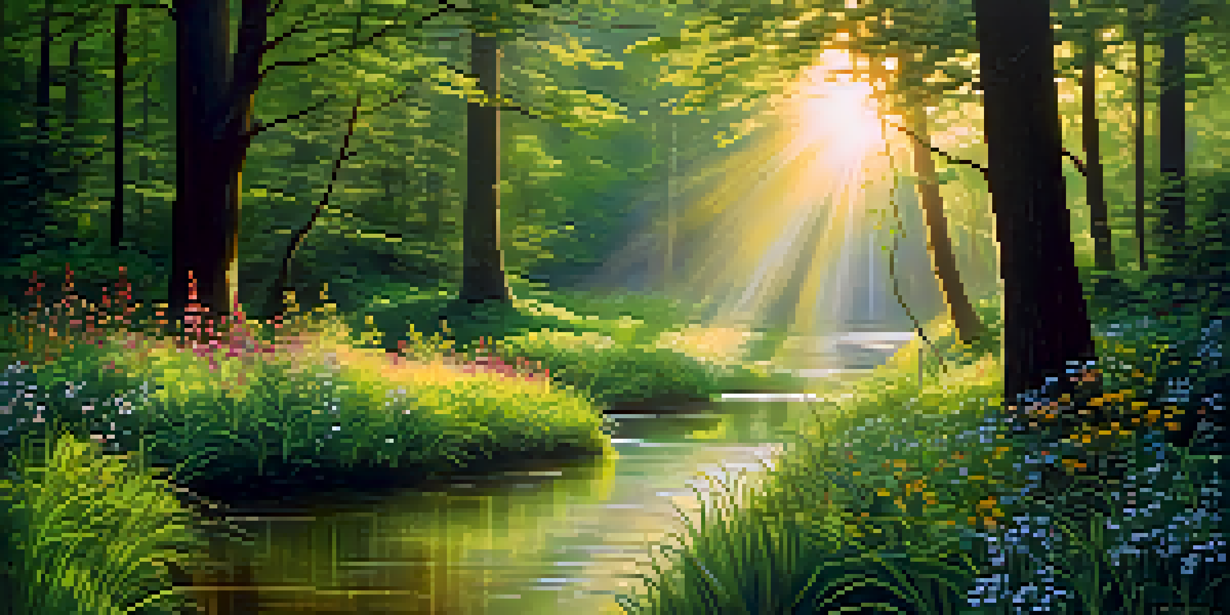 A peaceful forest with morning sunlight shining through green leaves, a small stream, and blooming wildflowers.