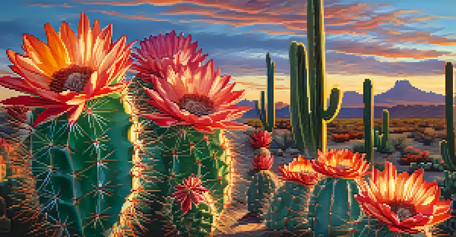 Close-up of blooming peyote cacti in a desert landscape at sunset, showcasing the textures and vibrant colors of the flowers.