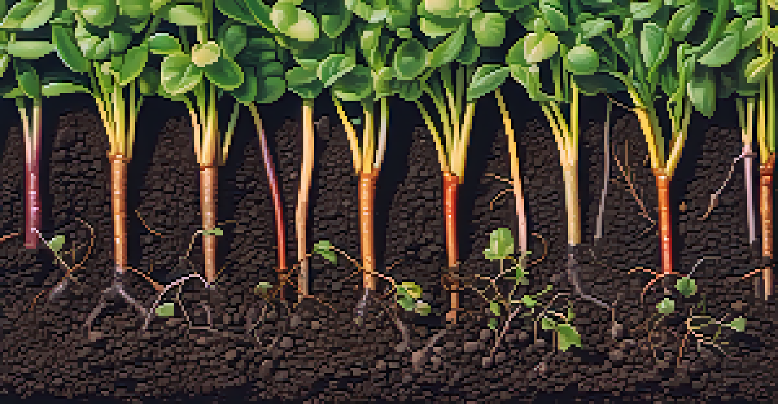 A close-up view of healthy soil with green leaves and visible microorganisms, showcasing the rich textures illuminated by soft sunlight.