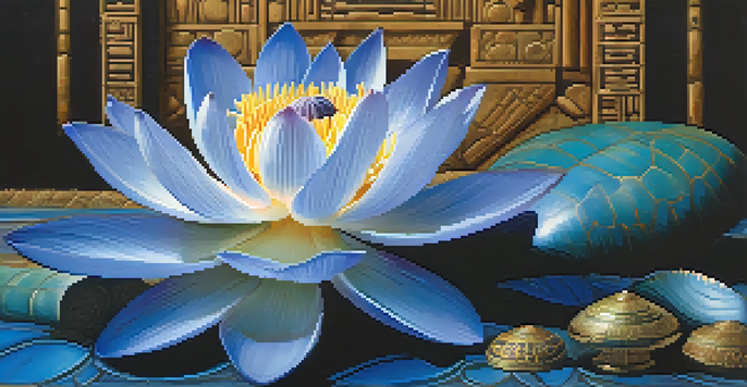A close-up of a blue lotus flower with vibrant petals, surrounded by blurred Egyptian artifacts in the background.