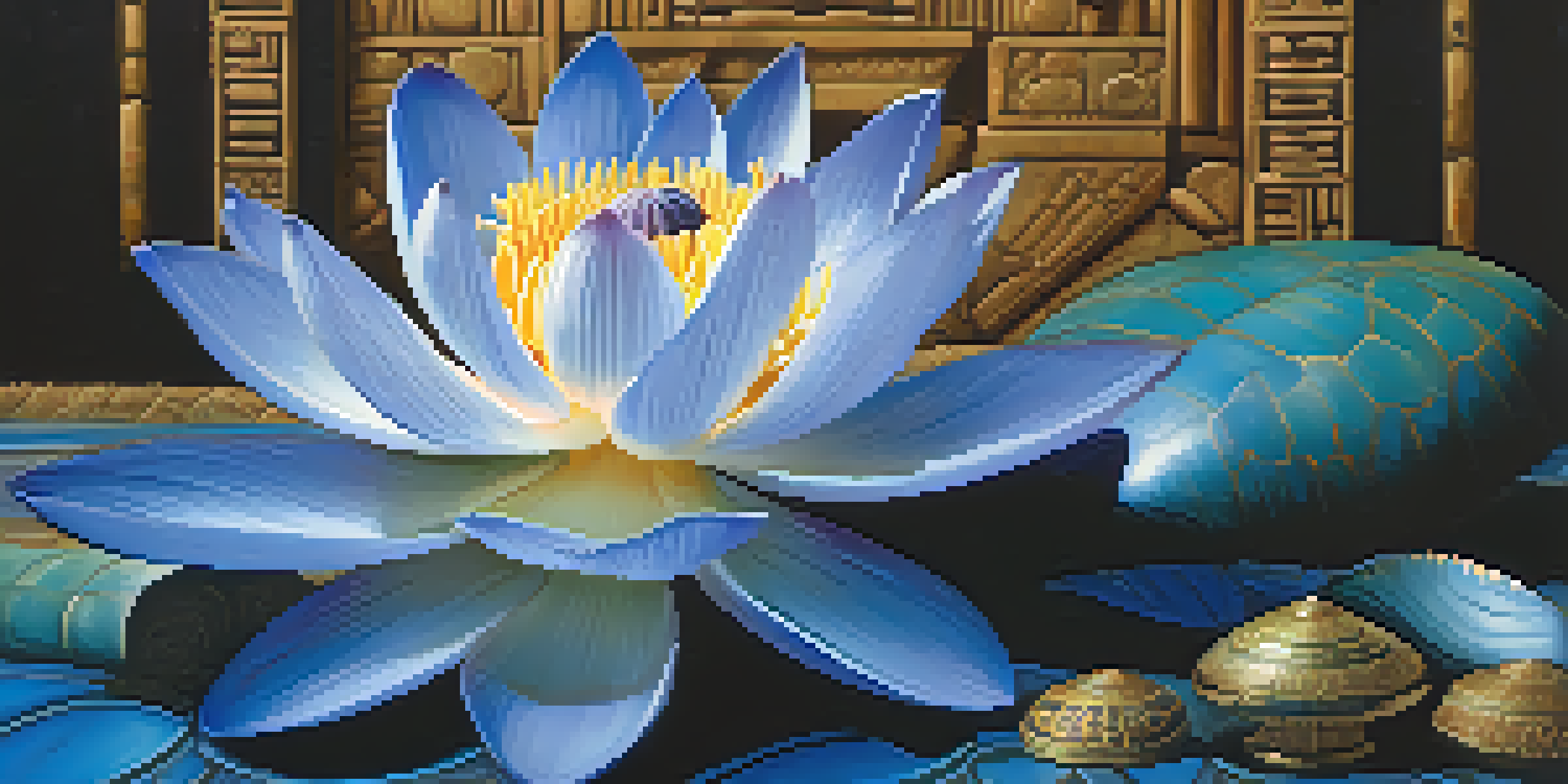 A close-up of a blue lotus flower with vibrant petals, surrounded by blurred Egyptian artifacts in the background.