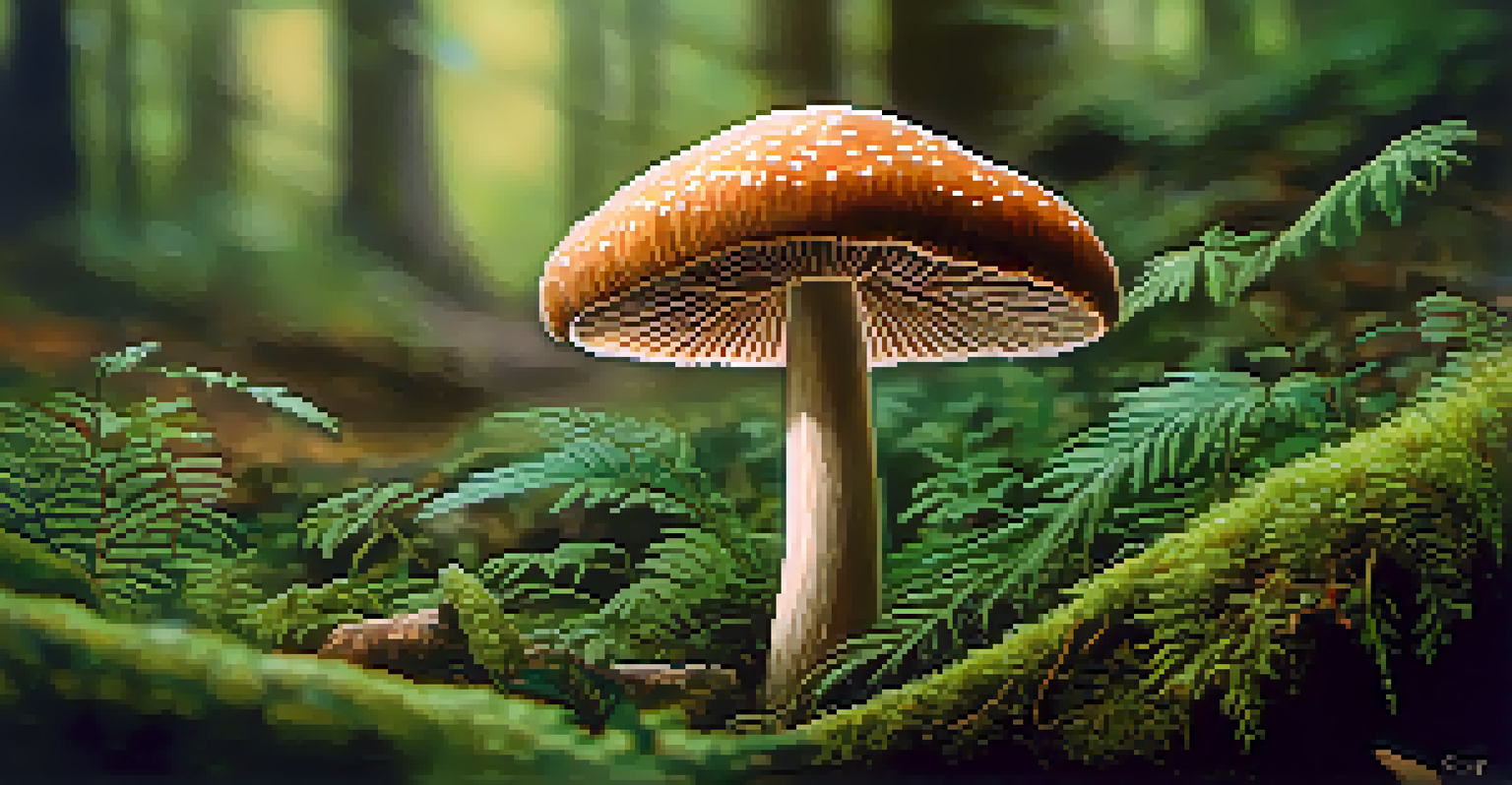 A close-up of a psilocybin mushroom in a lush green environment, showcasing its intricate details and textures.