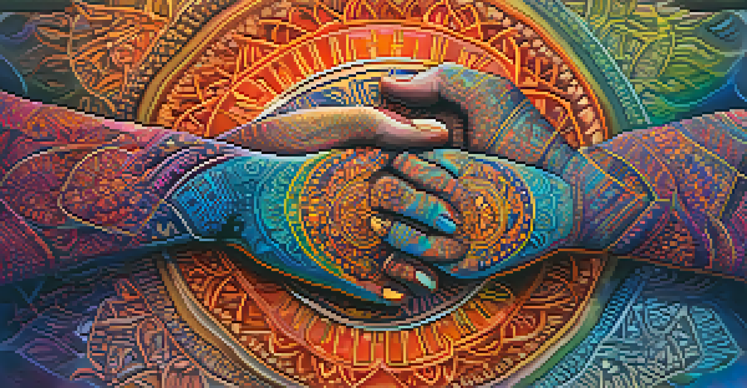 Two intertwined hands with mandala patterns in a colorful background, representing unity and connection.