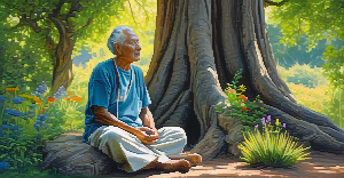 An elderly man meditating peacefully under a large tree, surrounded by greenery and wildflowers, with sunlight filtering through the leaves.