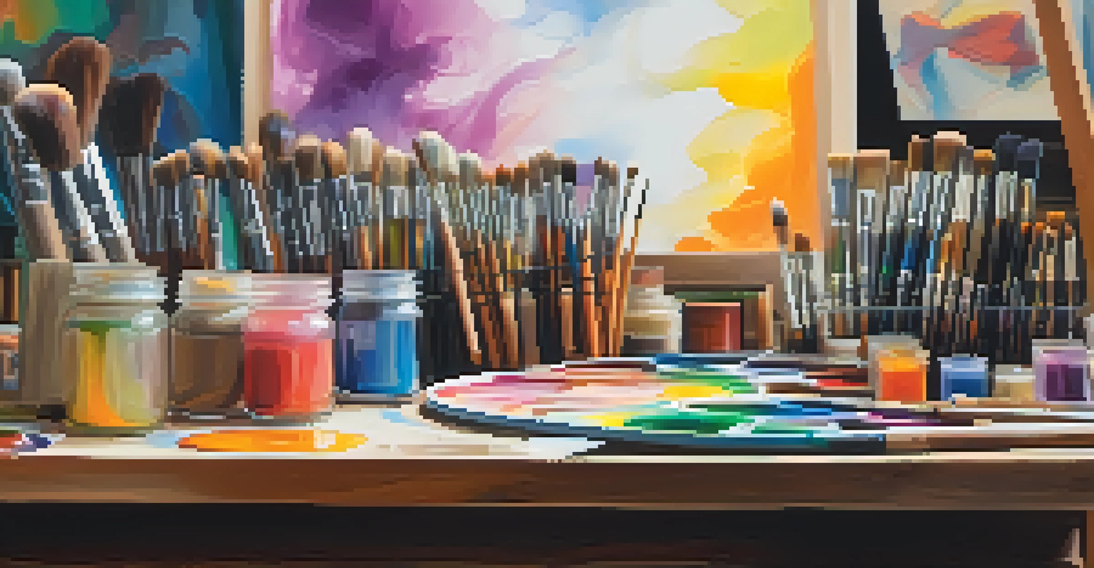 A close-up of an artist's workspace with colorful paints and brushes, showcasing an abstract painting inspired by creative experiences.
