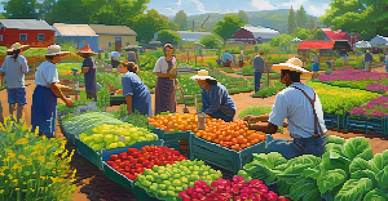 A community garden bustling with diverse farmers tending to colorful plants, emphasizing collaboration and sustainability under bright sunlight.