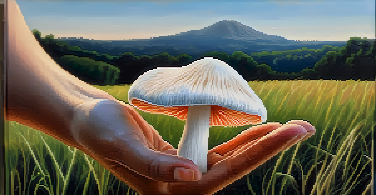A close-up of a hand holding a psilocybin mushroom against a blurred background of a peaceful natural landscape.