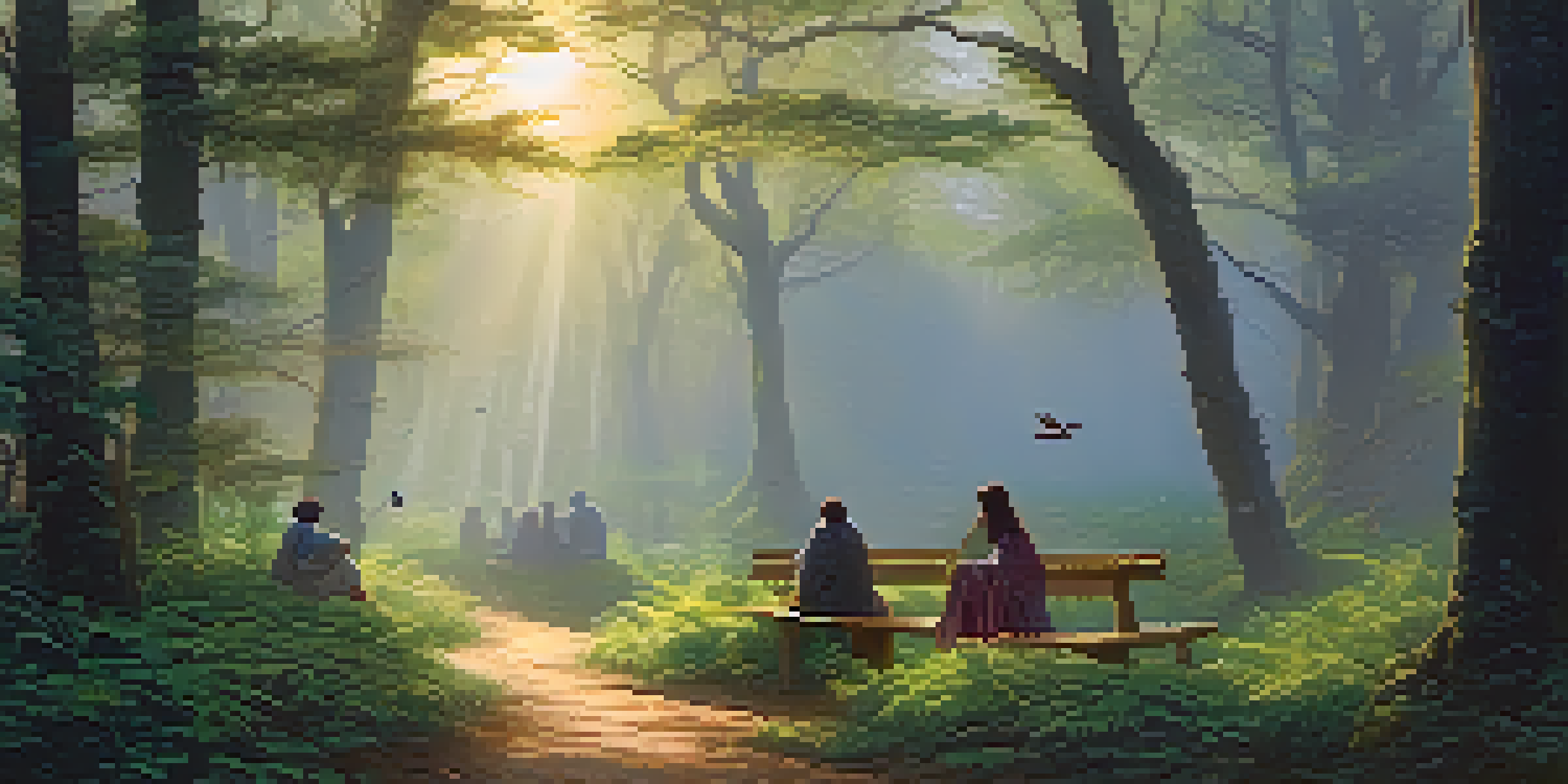 A tranquil forest at dawn with sunlight filtering through trees, showing a diverse group of people sitting in a circle for a discussion.