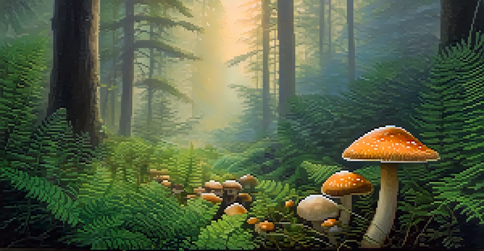 A peaceful forest scene at dawn with mist, sunlight, and psilocybin mushrooms among ferns.