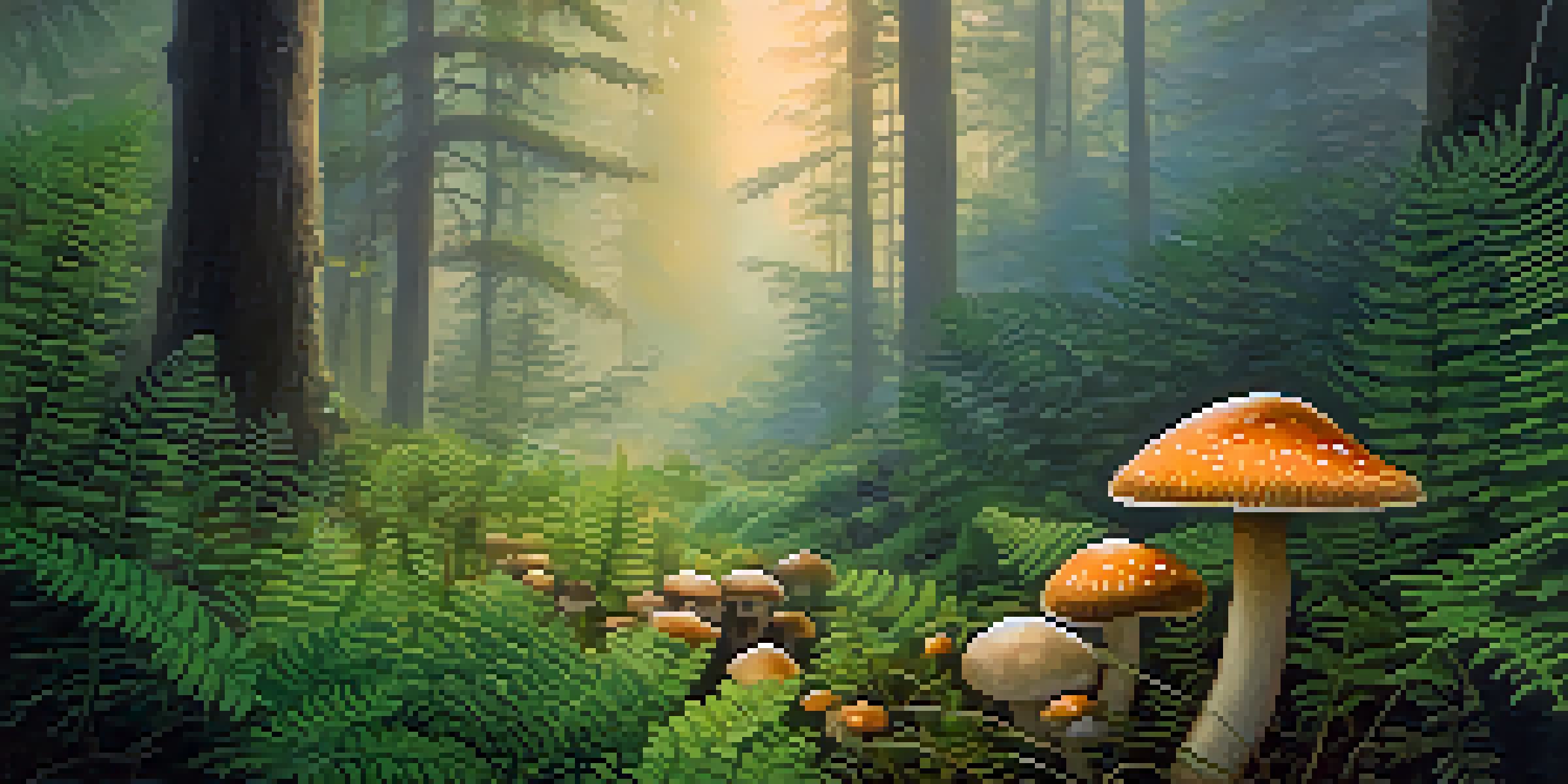 A peaceful forest scene at dawn with mist, sunlight, and psilocybin mushrooms among ferns.