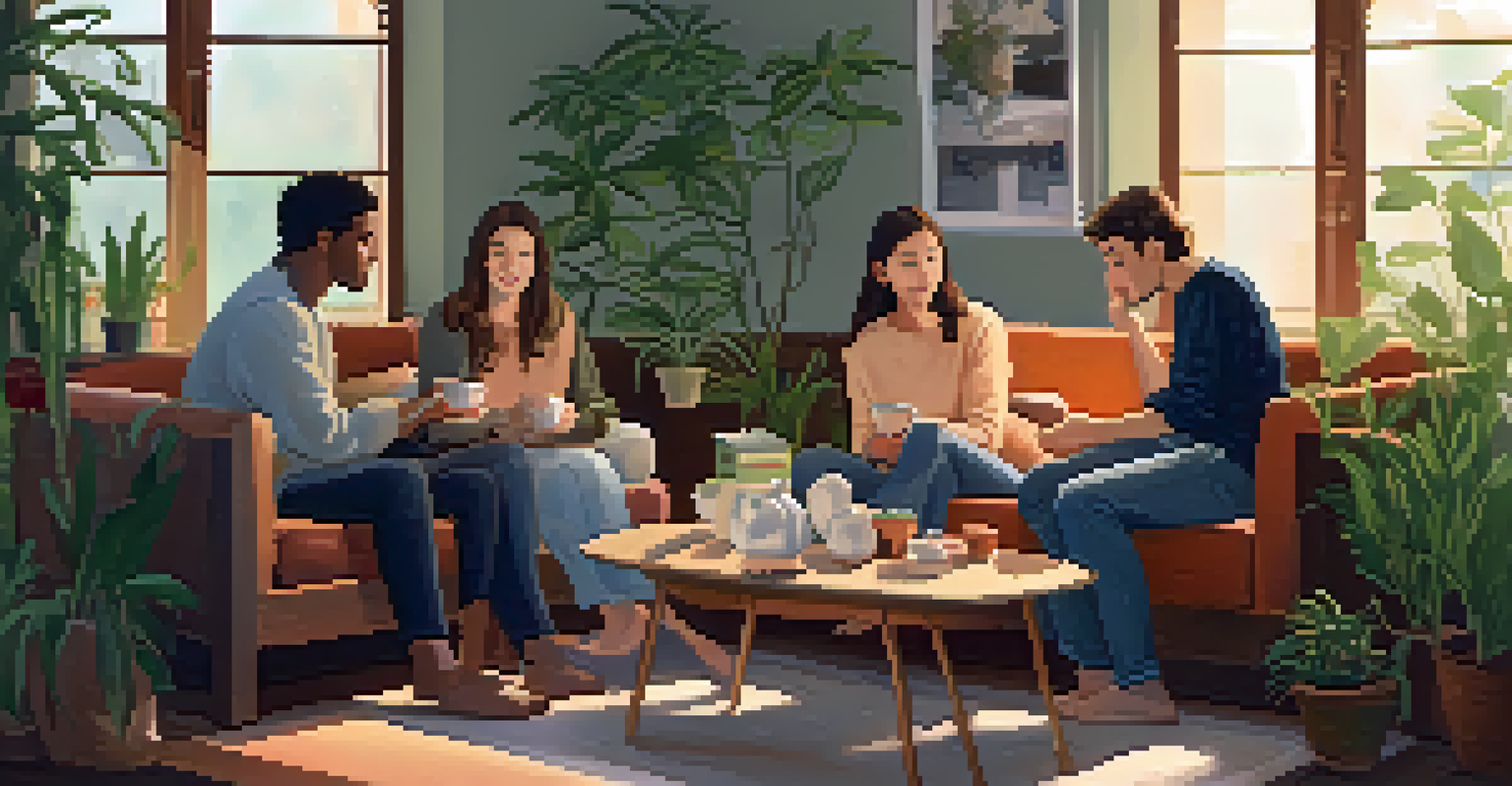 A cozy living room filled with plants and soft lighting, where friends are sitting together sharing their thoughts over herbal teas and snacks.