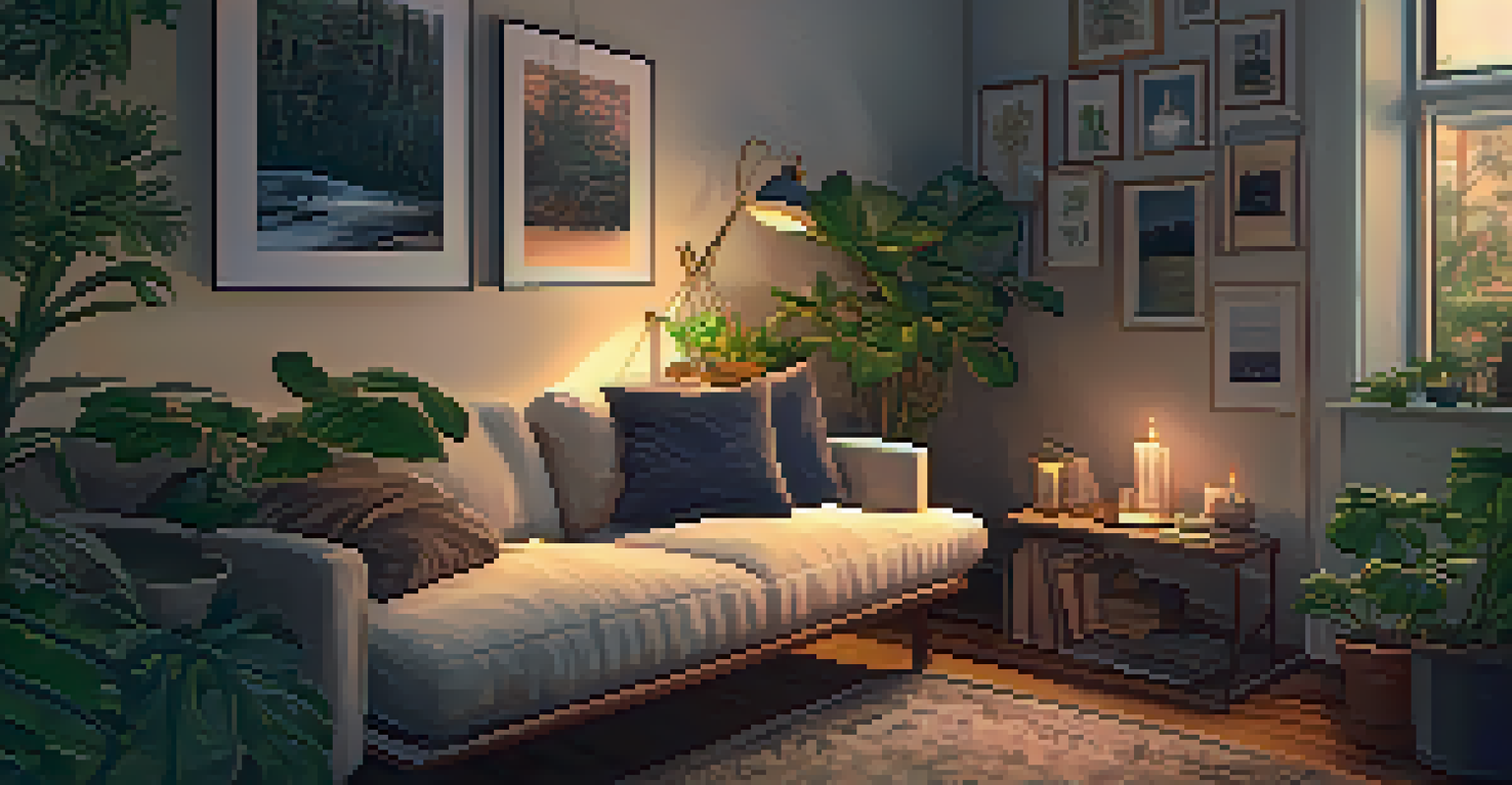 A person journaling in a cozy indoor space with warm lighting, plants, and candles, creating an atmosphere of reflection.