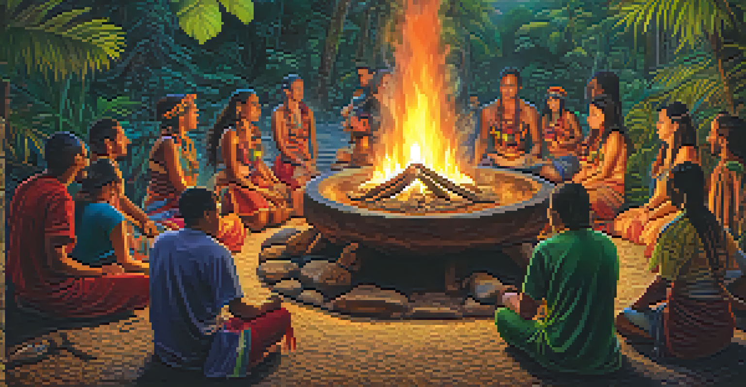 A diverse group of people in a natural setting participating in a ceremonial ritual with ayahuasca, led by a shaman.