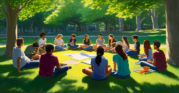 A diverse group of students sitting in a circle in a lush green park, engaged in discussion and sharing insights under soft sunlight, surrounded by blooming flowers.