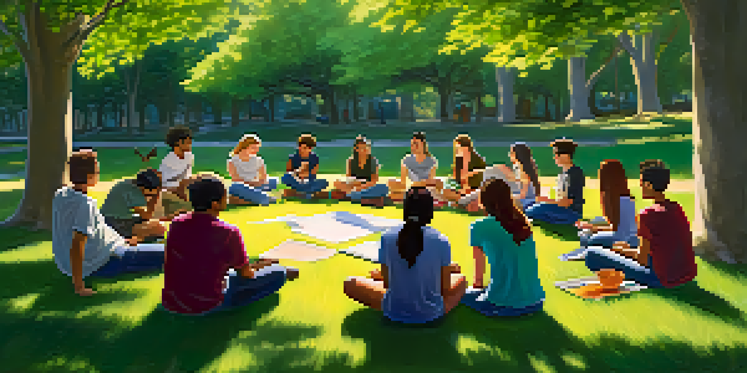 A diverse group of students sitting in a circle in a lush green park, engaged in discussion and sharing insights under soft sunlight, surrounded by blooming flowers.