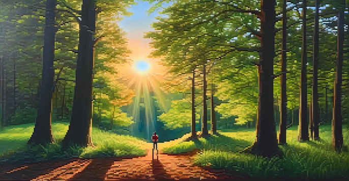 A person standing peacefully in a colorful forest during sunset, with light filtering through the trees and casting shadows on the ground.