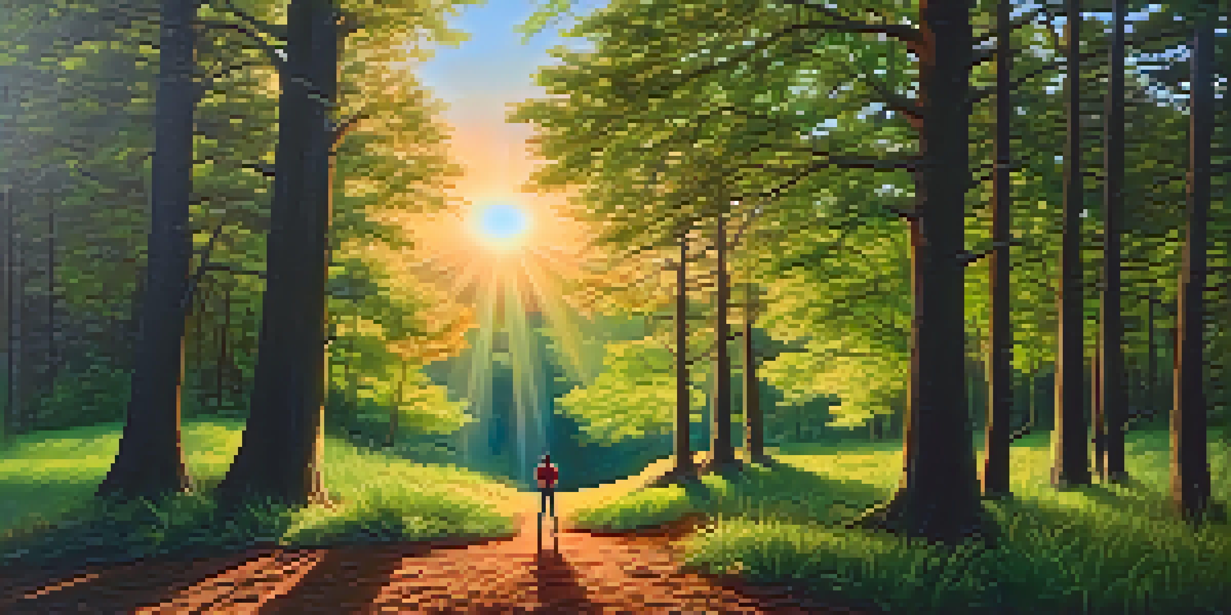 A person standing peacefully in a colorful forest during sunset, with light filtering through the trees and casting shadows on the ground.