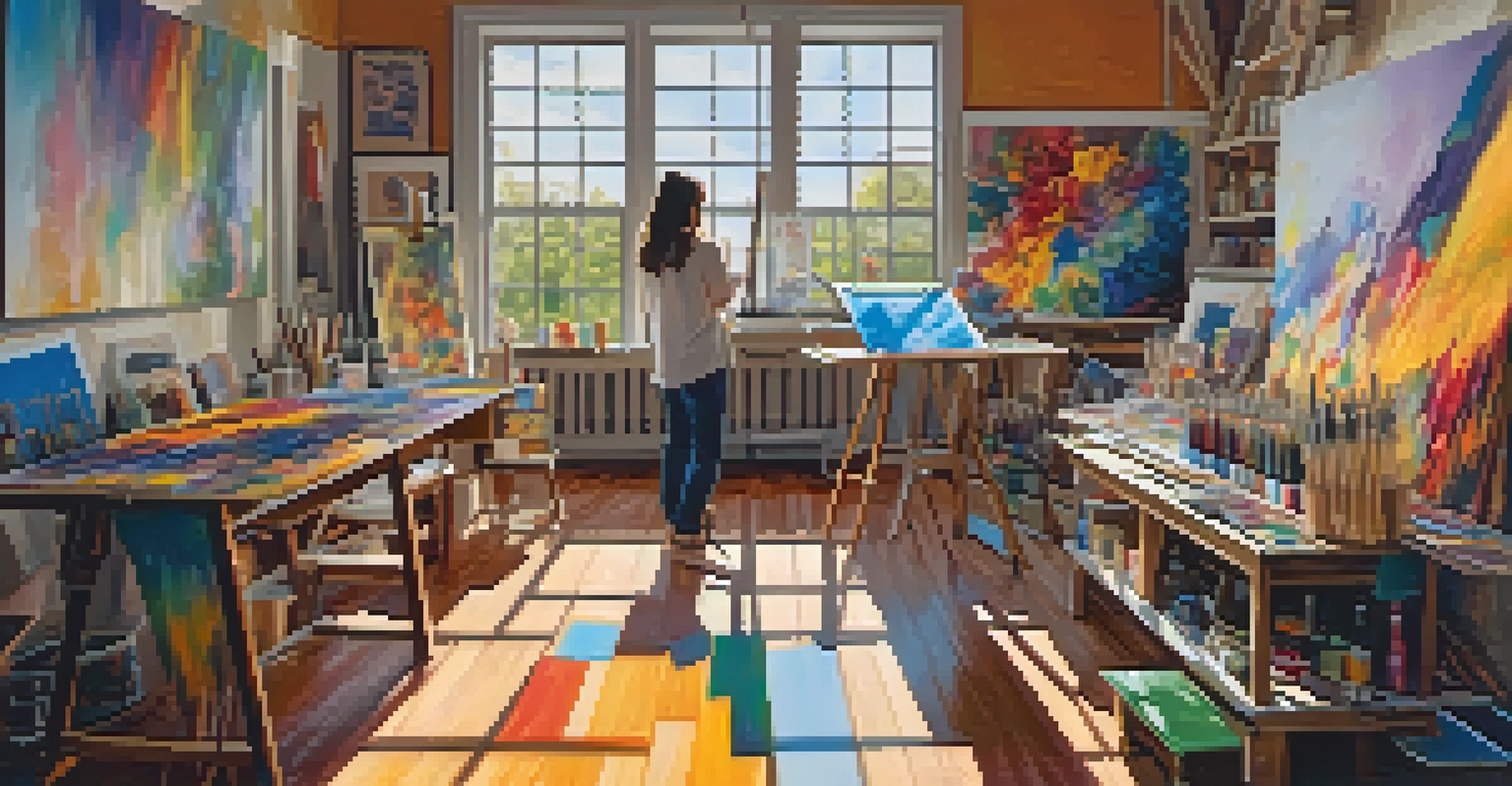 An artist in a vibrant studio, painting on a canvas surrounded by colorful artworks and sunlight.